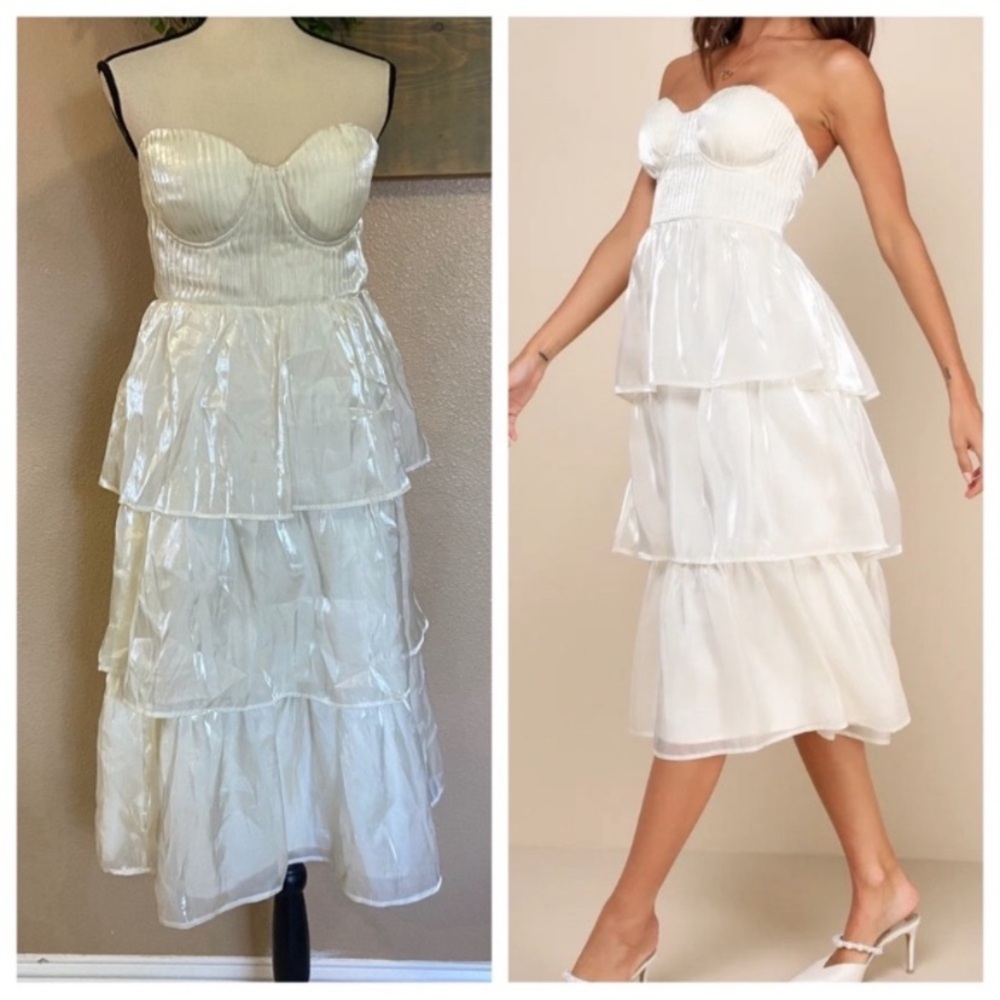 NWOT Lulus Com-pleat-ly Charming Ivory Organza Tiered Strapless Midi Dress